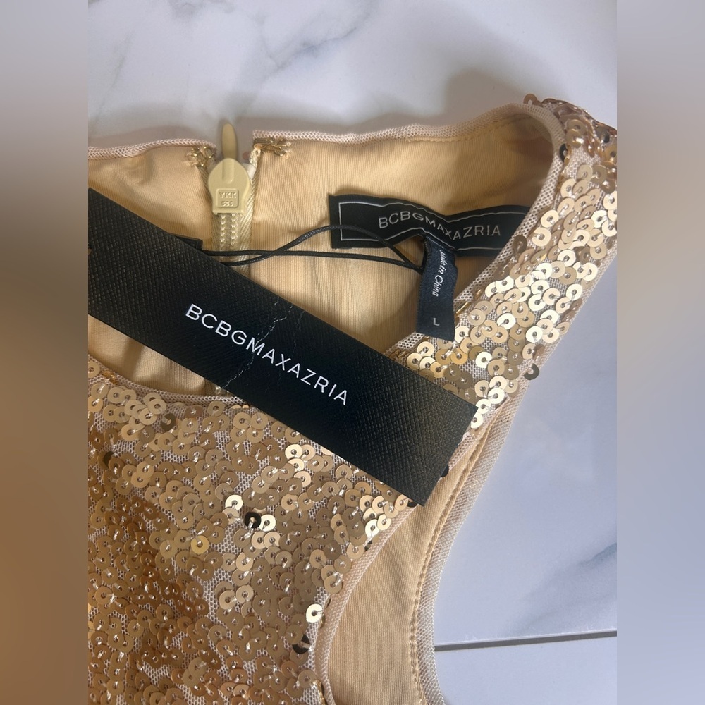 BCBGMAXAZRIA Women's Fit and Flare Floor Length Sequin Evening Gown Gold Sz.L - Picture 13 of 16